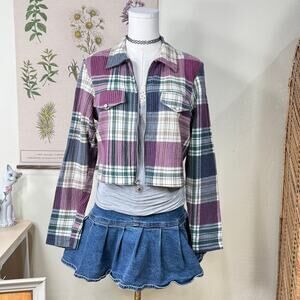 Vintage 90s Plaid Zip Up Flower Cropped Flannel Jacket Grunge Skater Indie S M